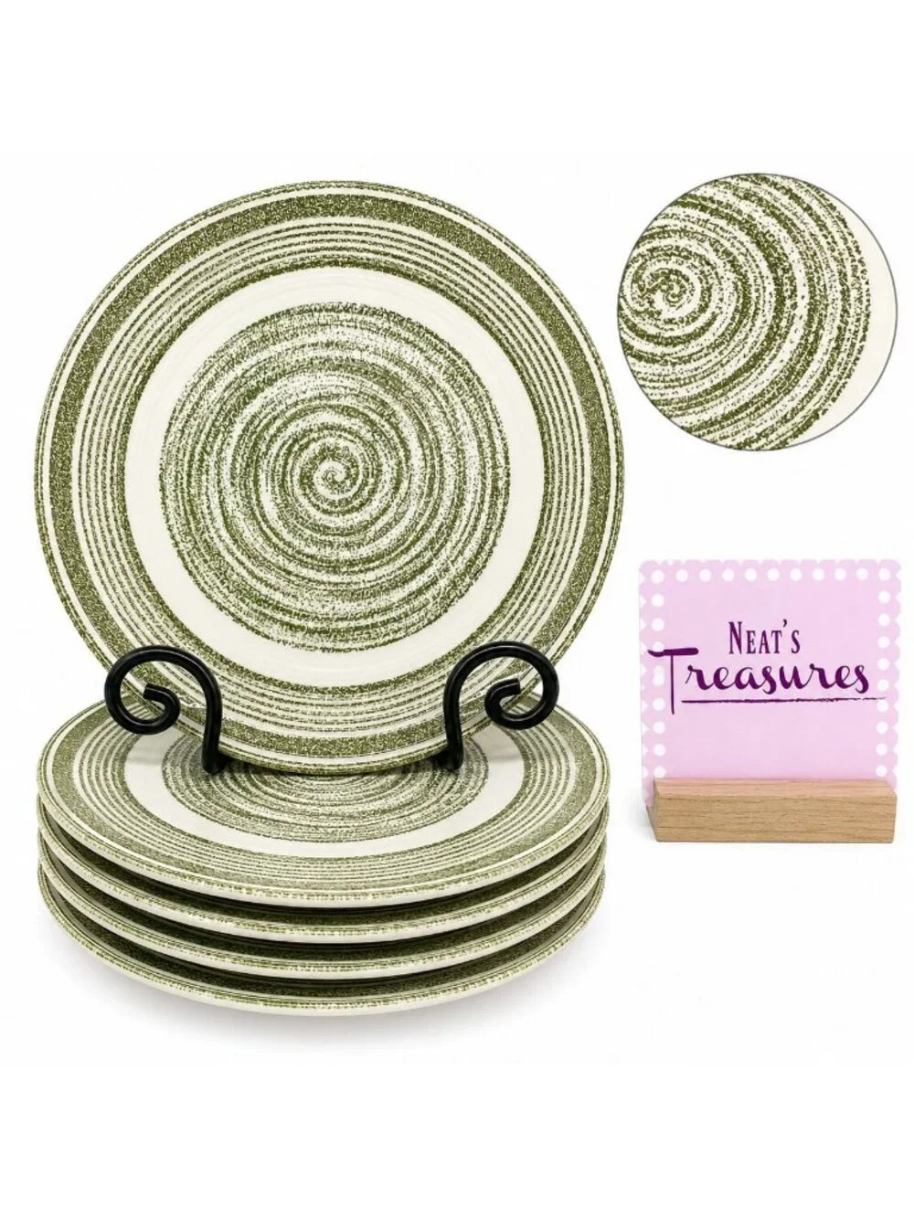 Vintage Max Schonfeld EL VERDE Green Swirl Spiral Ironstone Dinner Plates Set 5